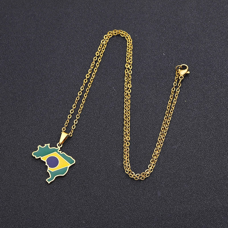 Brazil Map and Flag Pendant Necklace – Silver or Gold Color