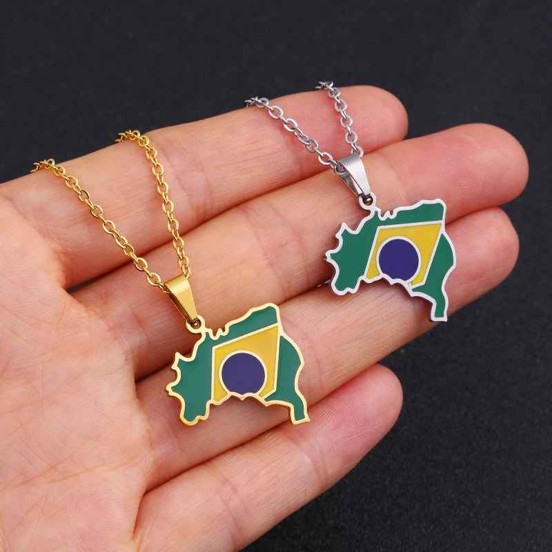 Brazil Map and Flag Pendant Necklace – Silver or Gold Color