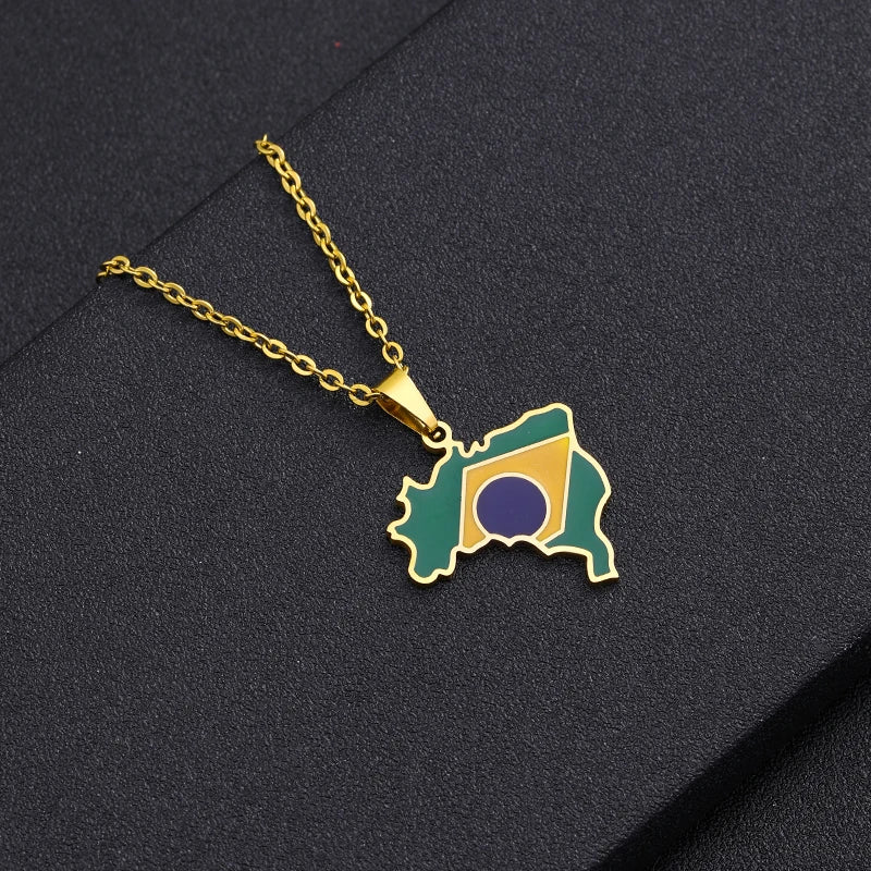 Brazil Map and Flag Pendant Necklace – Silver or Gold Color