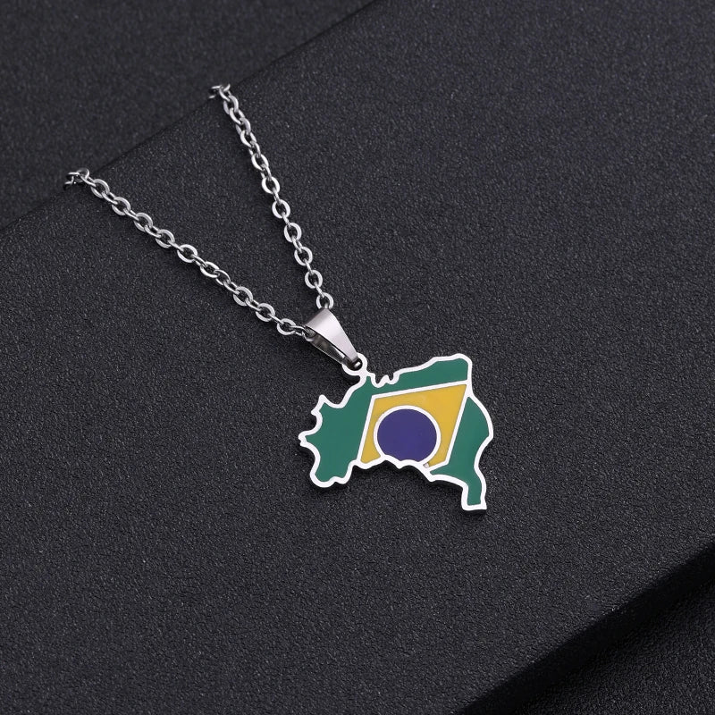Brazil Map and Flag Pendant Necklace – Silver or Gold Color