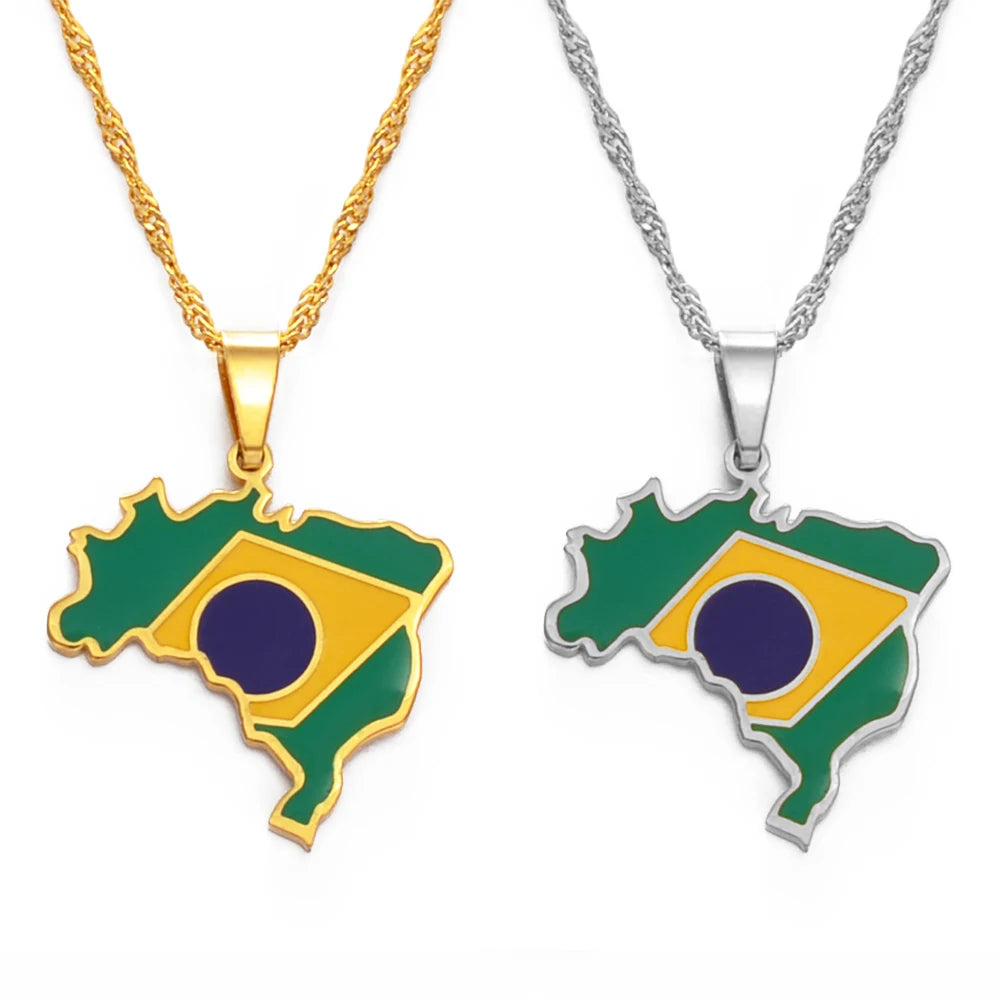 Brazil Map and Flag Pendant Necklace – Silver or Gold Color