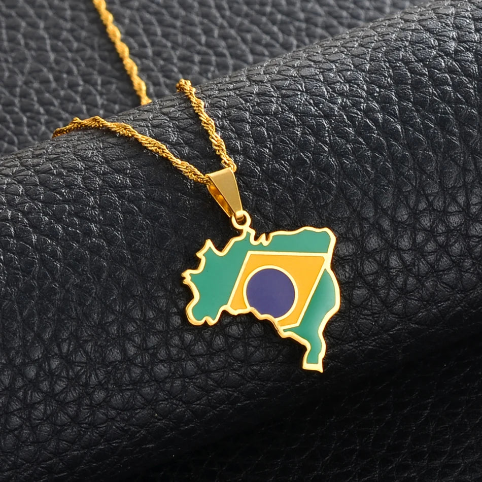 Brazil Map and Flag Pendant Necklace – Silver or Gold Color