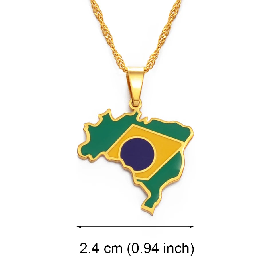 Brazil Map and Flag Pendant Necklace – Silver or Gold Color
