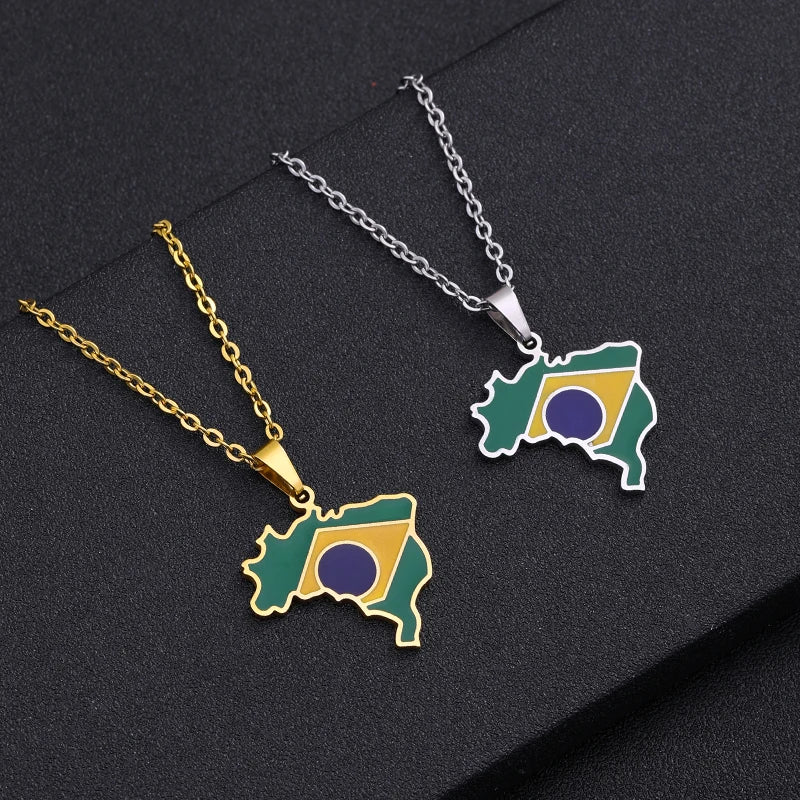 Brazil Map and Flag Pendant Necklace – Silver or Gold Color