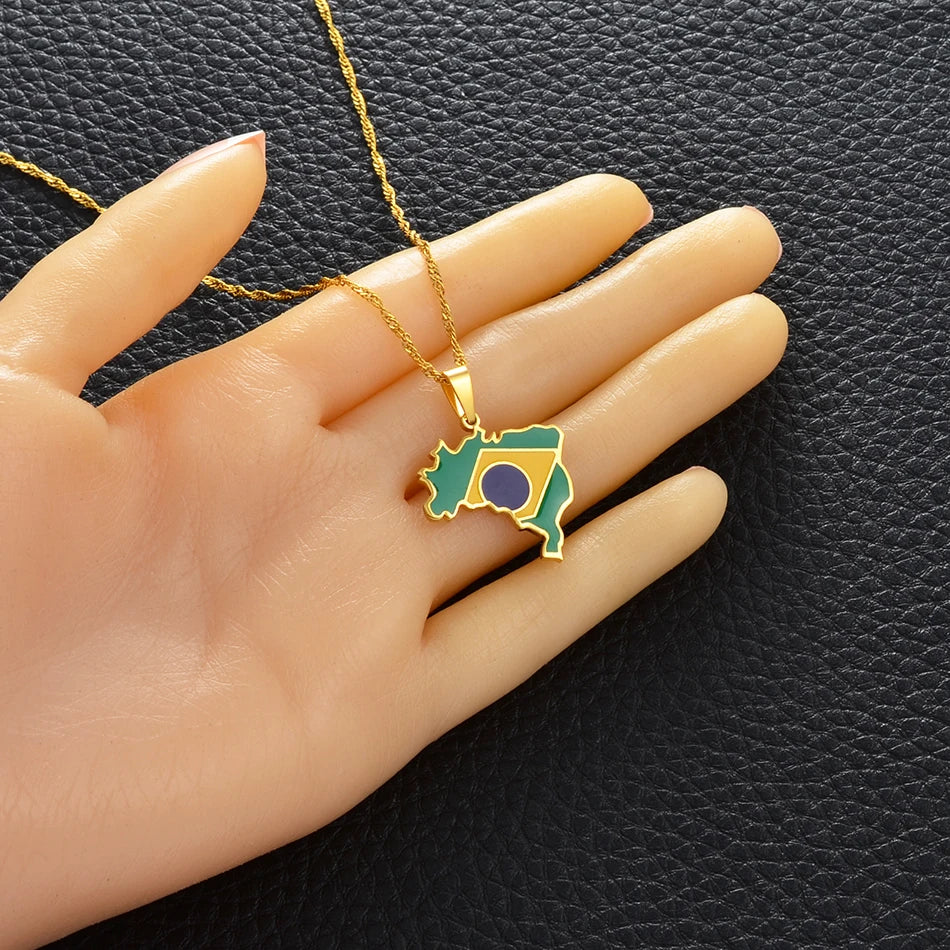 Brazil Map and Flag Pendant Necklace – Silver or Gold Color