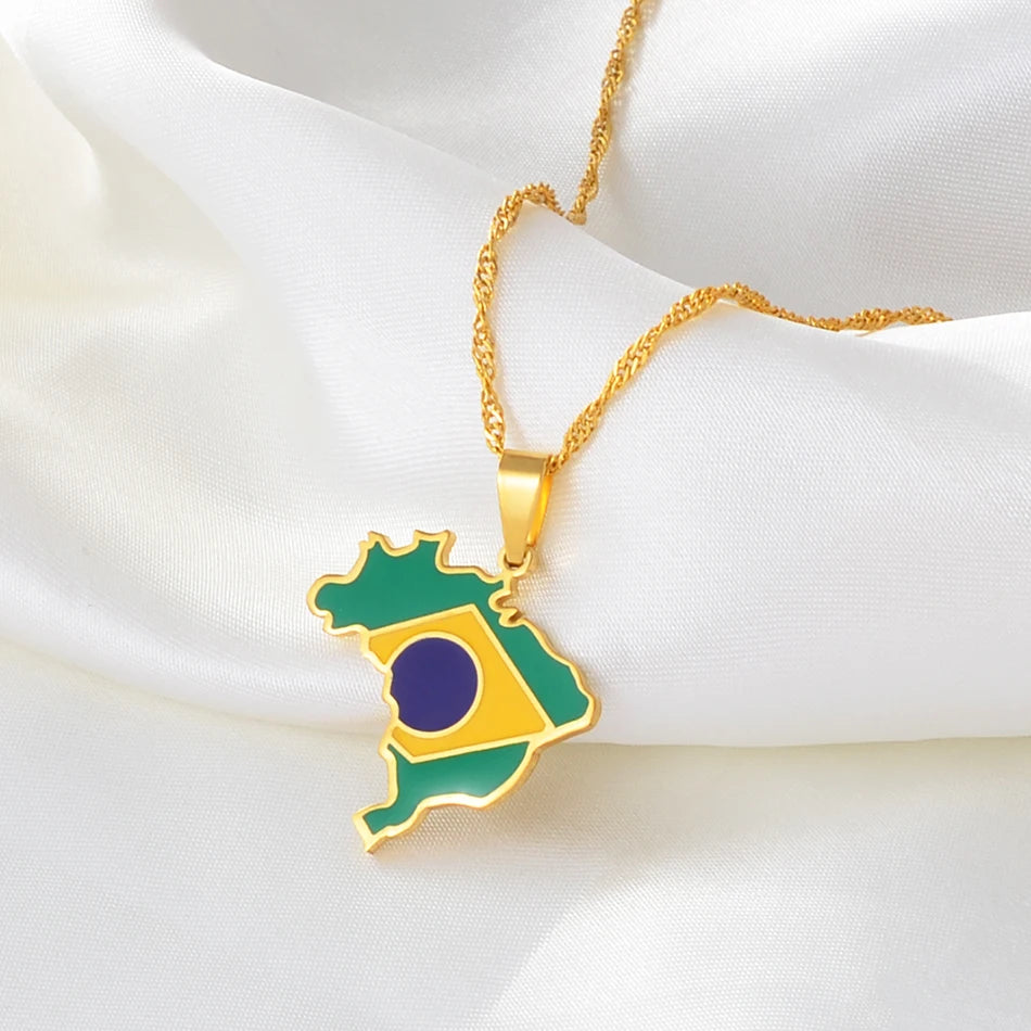 Brazil Map and Flag Pendant Necklace – Silver or Gold Color