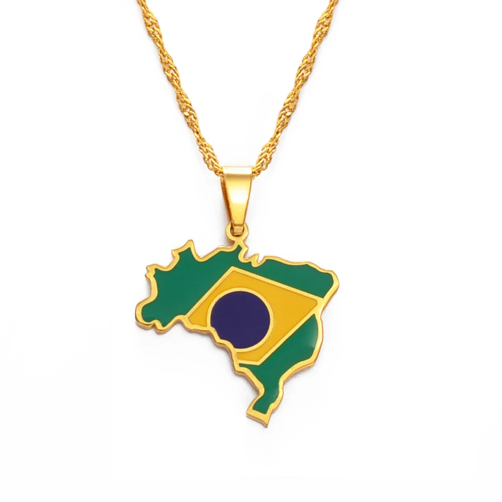 Brazil Map and Flag Pendant Necklace – Silver or Gold Color