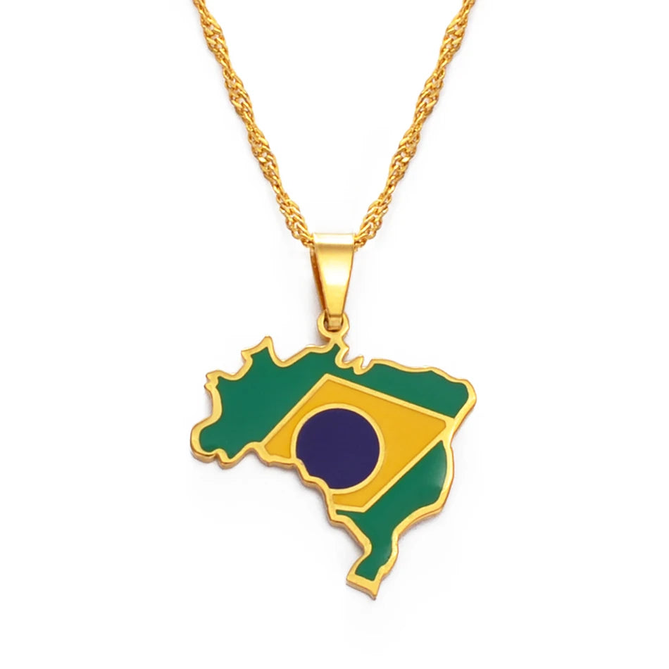 Brazil Map and Flag Pendant Necklace – Silver or Gold Color