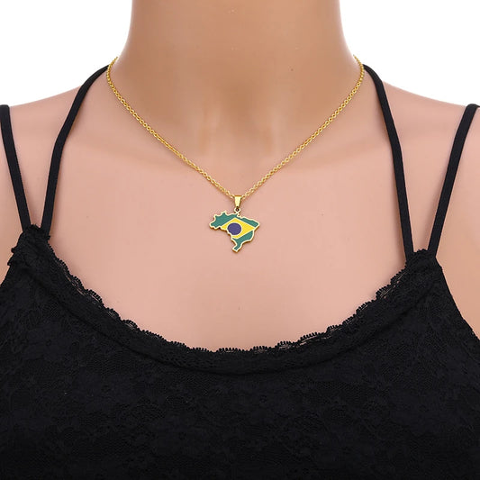 Brazil Map and Flag Pendant Necklace – Silver or Gold Color