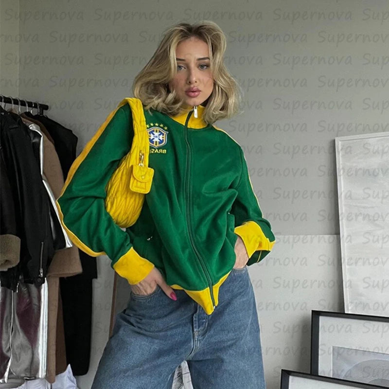 Aestheticism commuting letter pattern embroidery zipper sports high street shirt Brazil sports garbage men's and women's Y2K top
