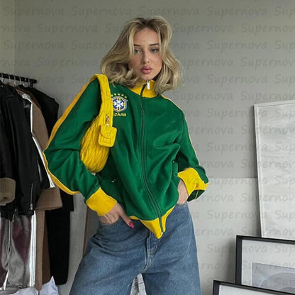 Aestheticism commuting letter pattern embroidery zipper sports high street shirt Brazil sports garbage men's and women's Y2K top